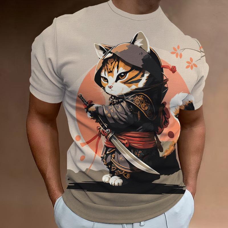 New Retro Men's T-Shirt 3d Samurai Cat Print Short Sleeve T-Shirt For Men Fashion Oversized Man Clothes