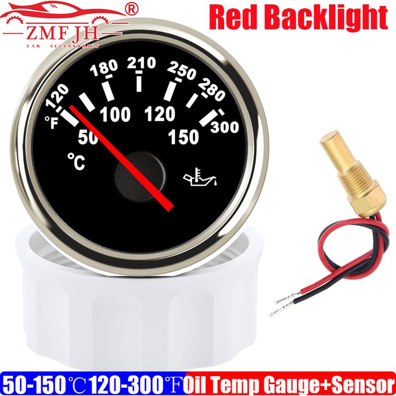 ZMFJH 2"52MM Oil Temperature Gauge Auto Car Boat Yacht 50-150℃,120-300℉ Oil Temp Meter Indicator with Sensor  Red Backlight