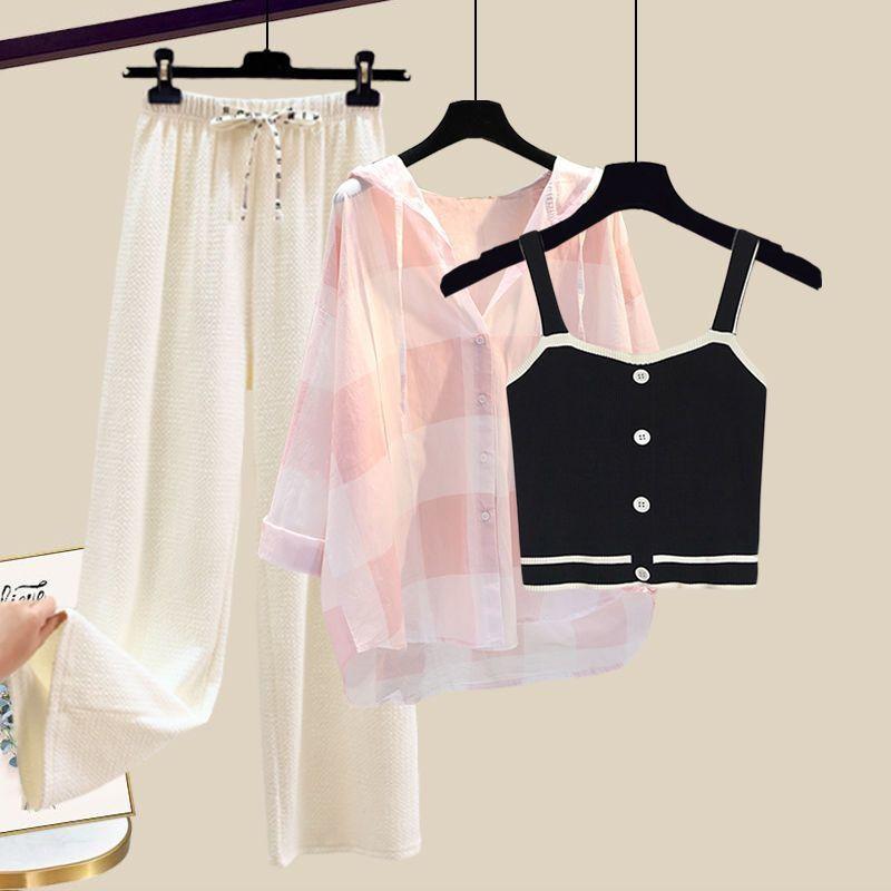 Knitted Suspender Vest Plaid Panel Sunscreen Chiffon Shirt Wide Leg Pants Three-piece Elegant Women Pants Set Summer Outfits