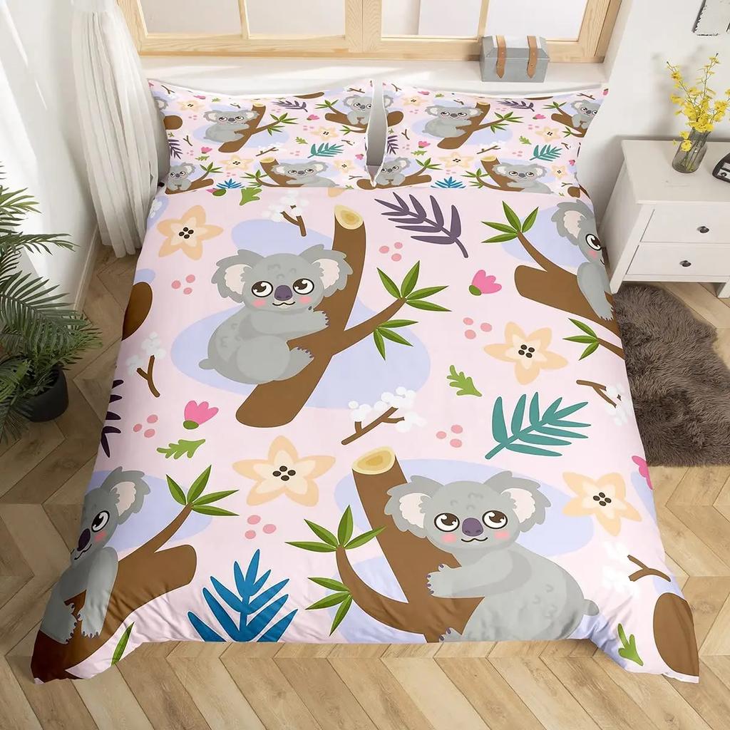 Comforter Koala Blooming Floral Branch With A Bear Comforter Palm Tree Leaf Wildlife Cartoon Polyester