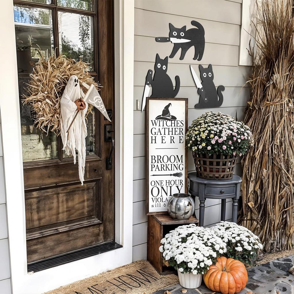 3Pcs Spookmas Indoor Decoration Wear Resist Wooden Spooky Wall Decors Funny Knife Cat Craft Pendant For Home Room Entryway Shelf