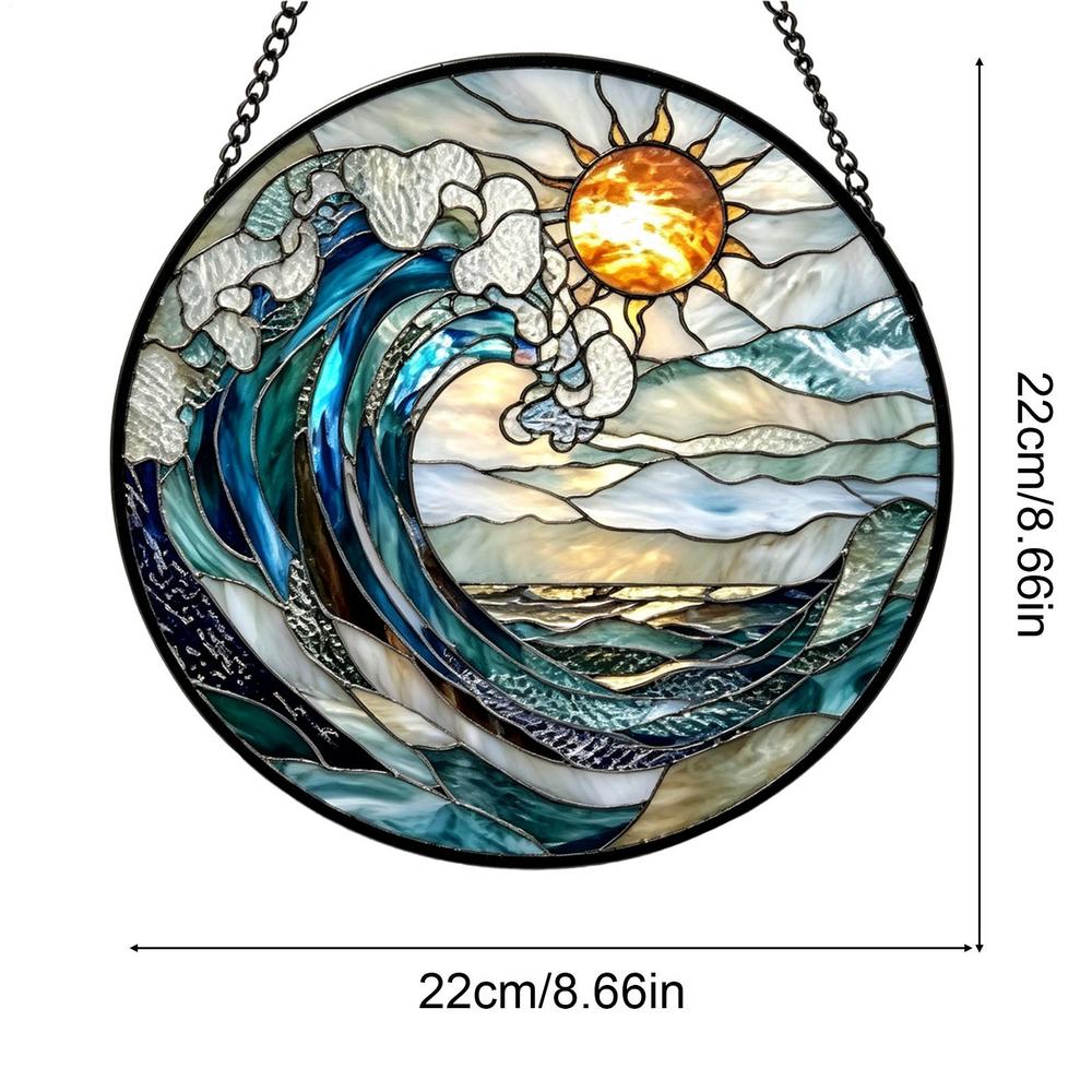 Stained Glass Sun Catcher 8.66 Inch Colorful Round Acrylic Window Hanging with Metal Chain for Study Bedroom Living Room Decor