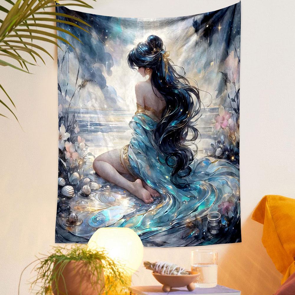 "Elegant Fantasy Goddess by the Sea" Patterned Tapestry Decorative Wall Hanging, Home Bedroom Living Room Decor