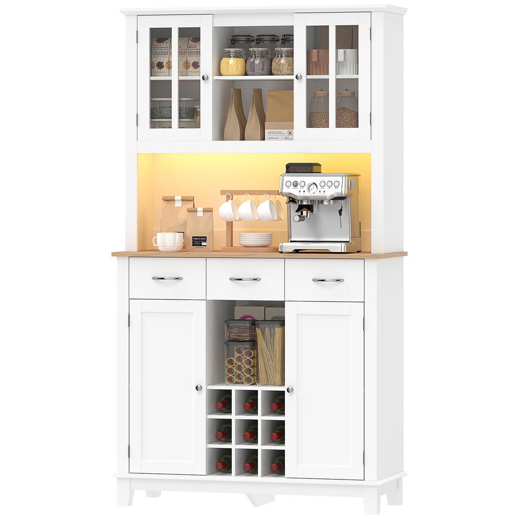 High-end buffet with LED lighting, sideboard, 4 doors including 2 glass ones, drawers, bottle rack, white