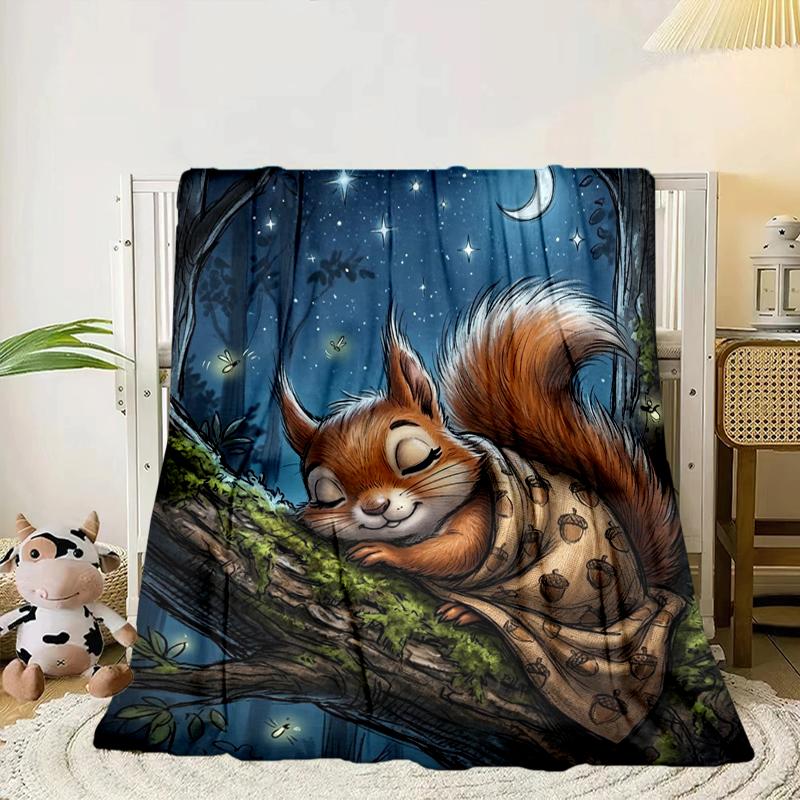 Squirrel Dreams Under Moonlight Blanket Flannel Blanket for Bed, Sofa, Camping, Hiking, Picnic Essentials, Gift for Family Fan Gifts