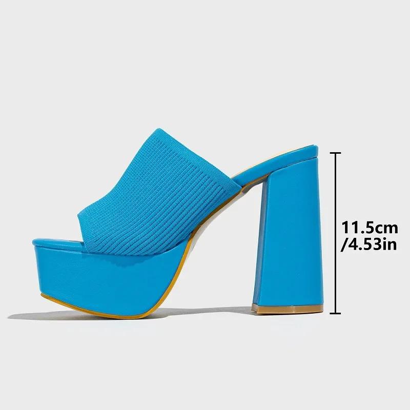 Sommar Gatustil Mode Stretchtyg Fyrkantig Tå Damtofflor Plattforms Högklackade Sandaler Tofflor Skor