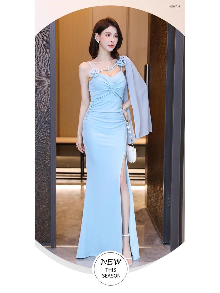 French Chic Nightclub Spaghetti Strap Dress with Slit Waist-Cinched Fishtail Skirt