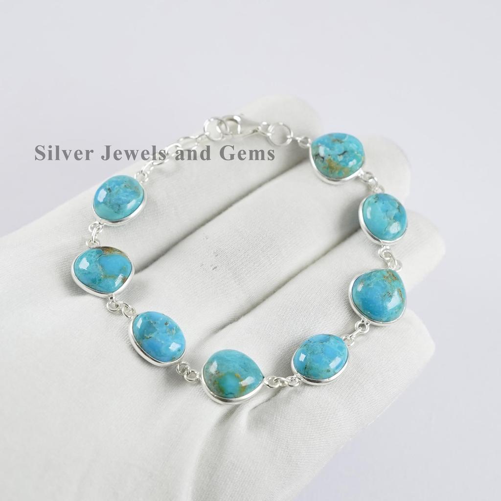 Turquoise Bezel Bracelet, Handmade Bracelet for Her, 925 Sterling Silver Bracelet, Oval and Pear Turquoise Jewelry, Light Weight Bracelet