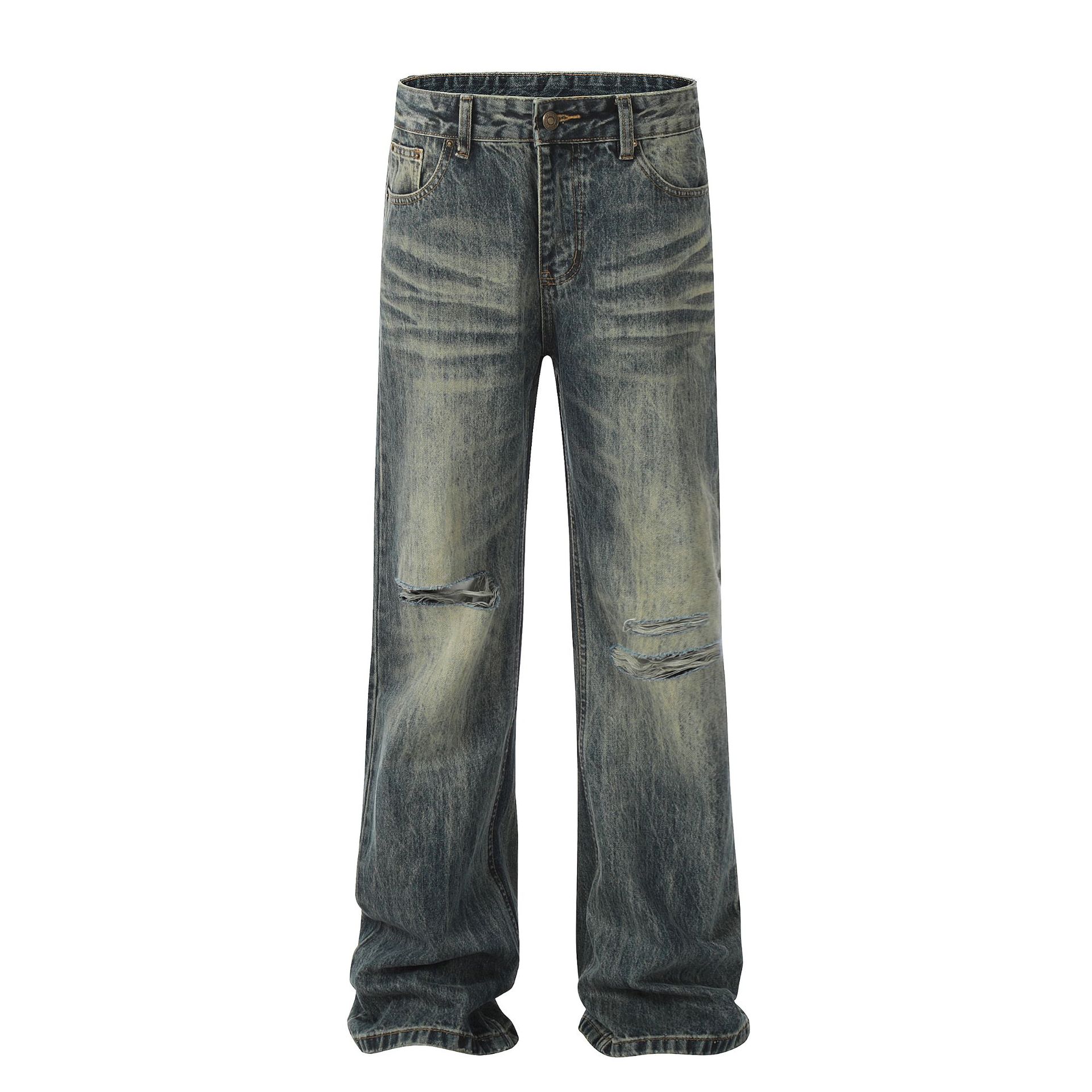 Men s American retro ripped personality vibe micro-pull jeans men s straight trendy trousers S синий