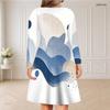 Women Plus Size V Neck Long Sleeve Blue White Printed Curved Hem Dress