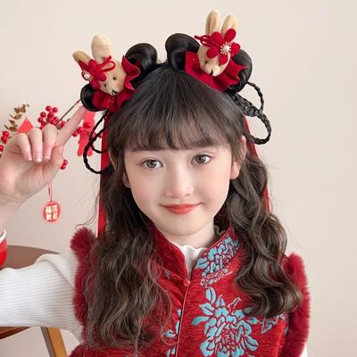 Flower Children Wig Headband Tassel Red Bow Hairband Simple Chinese New Year Headwear  Children