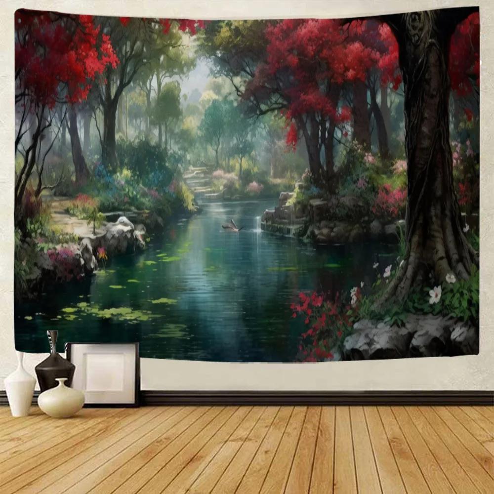 Landscape Oil Painting Tapestry Forest, Peacock, Castle, Dreamy Wall Hanging Cloth, Starry Sky Sunrise, Home Art Decoration