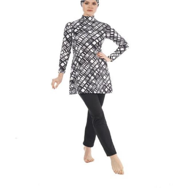 

Набір з 2 предметів Мусульманський жіночий пристойний синій квітковий металізований принт Купальник з повним покриттям Пляжний одяг Набір купальника буркіні (Без хіджабу) 5XL чорний