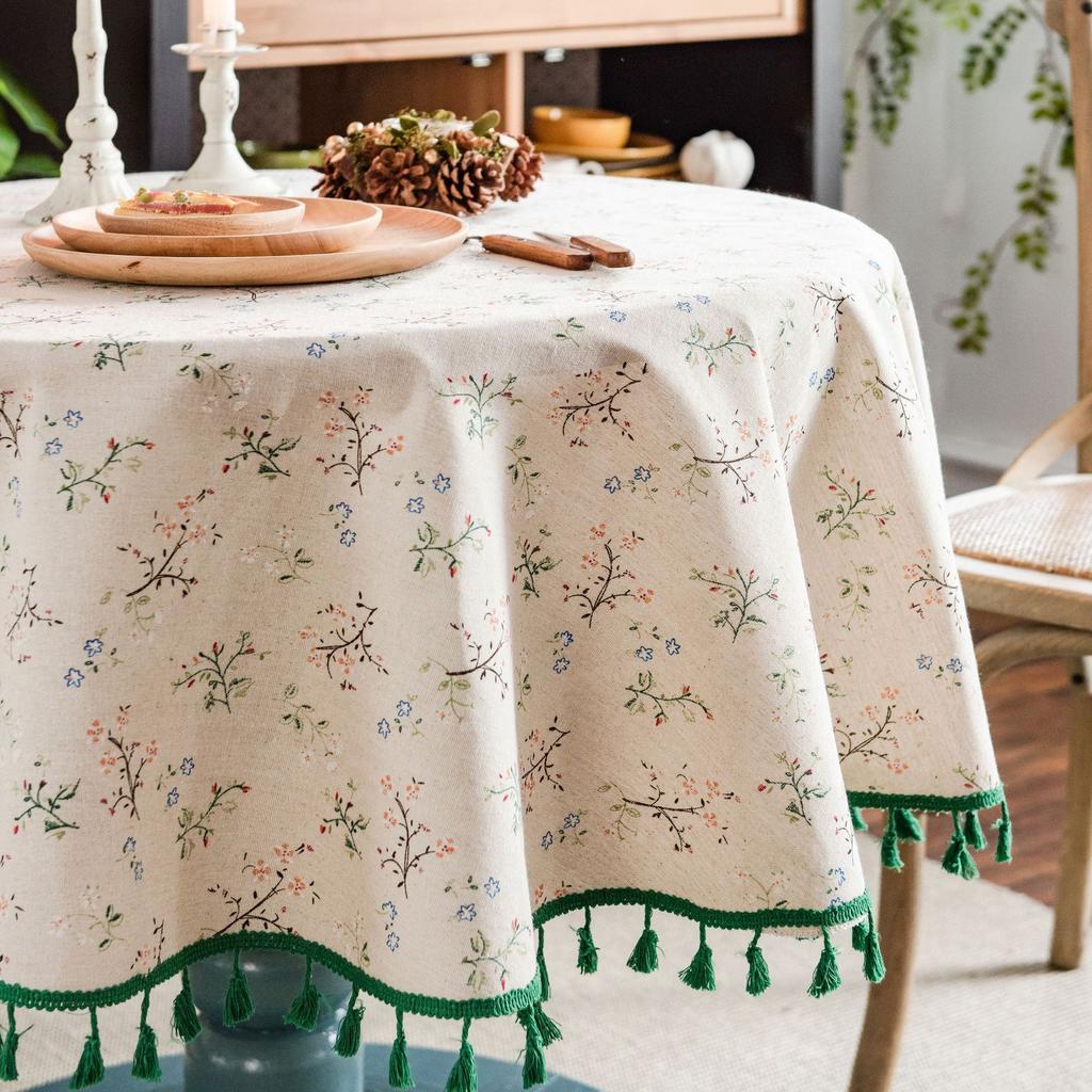 1pc Rustic Floral Tassel Tablecloth - Black & White French Country Design, Round Adhesive Table Cover for Valentine’s Day, Small Round Tables