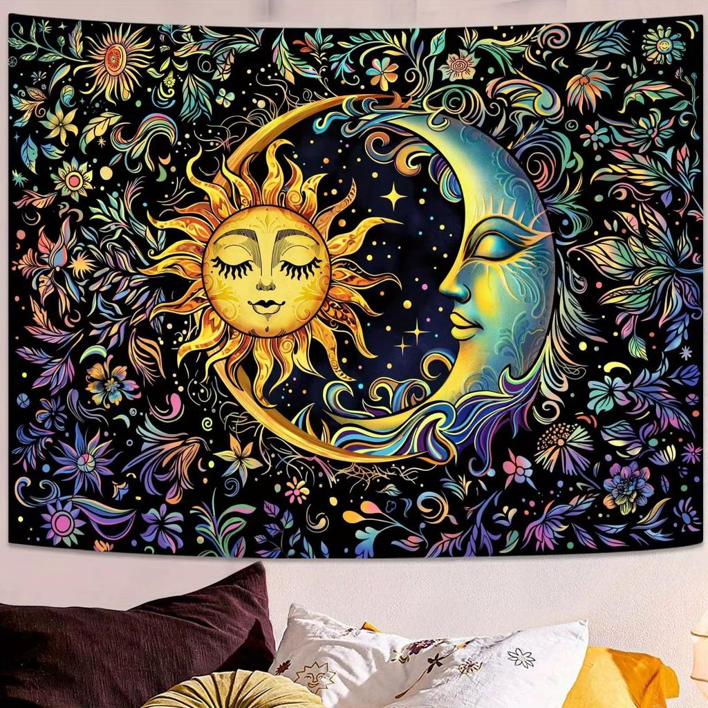 Celestial Sun and Moon Tapestry 1Piece Star  Floral Pattern Wall Hanging Decor for Living Room Bedroom Dorm Aesthetic