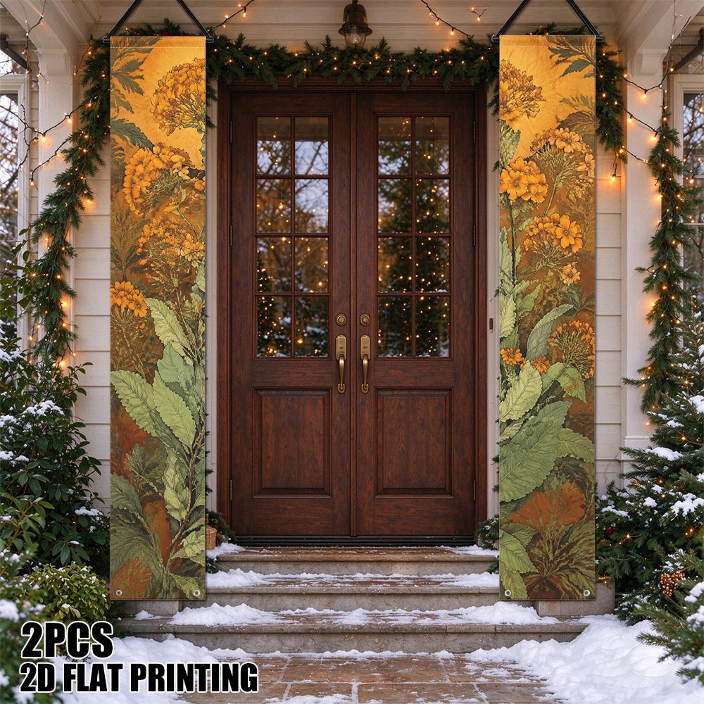 2D Flat, 2D Flat - 2D Flat, 2D Flat - 2D Flat Printing 2pcs Orange Floral Branches Merry Christmas Couple Porch Banner, Suitable for Winter New Year H