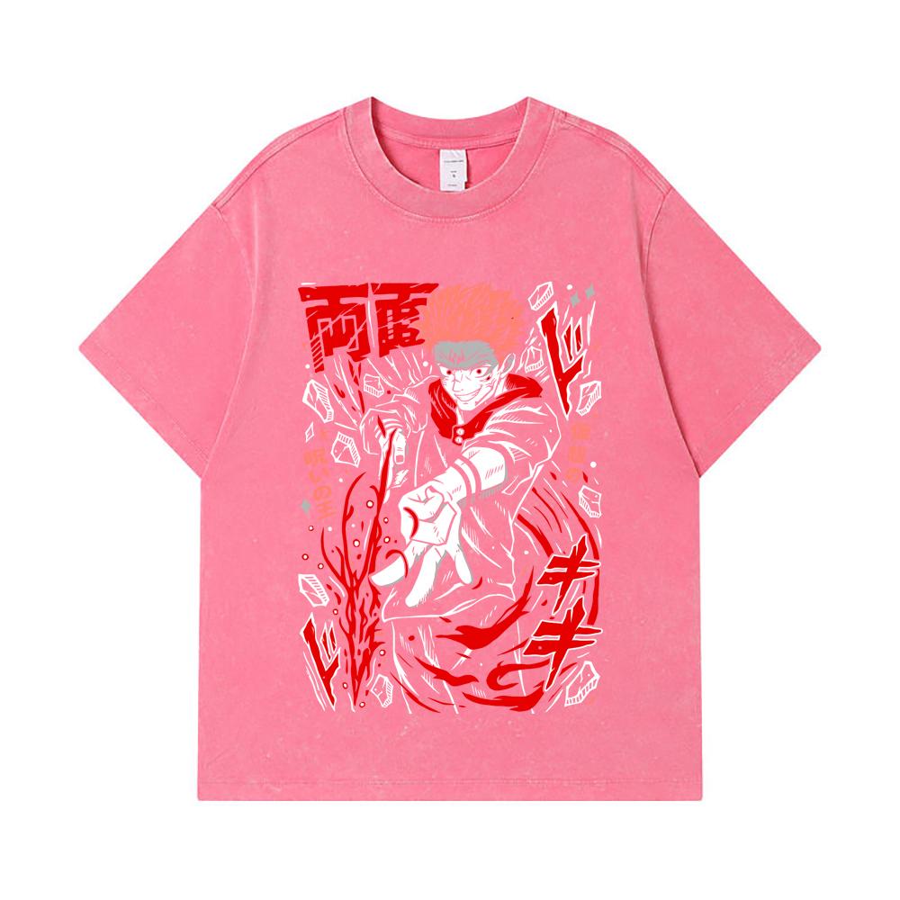 275 GSM Washed T-shirts 100% Cotton Jujutsu Kaisen V31 Sukuna Print Unisex Heavy Cotton T Shirt