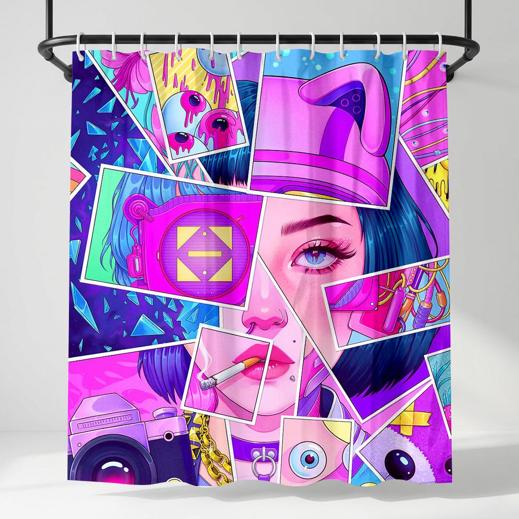 

Cyberpunk Anime Girl Shower Curtain - Creative Pink Purple Collage Art Design Indoor Home Bathroom Decor Aesthetic Bath Curtain W60H190(CM)-1 Pcs