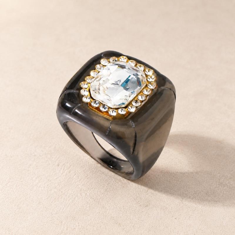 See-Through Resin Fashion Ring with Bold Square Profile, Raised Faceted Centerpiece and Accent Border for Outfit Styling