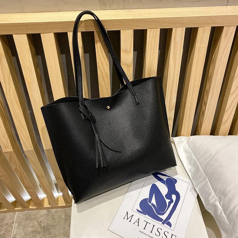 New Trend Women Single Shoulder Bag Casual Large Capacity Pu Lychee Pattern Tassel Outdoor Simple Tote Bag