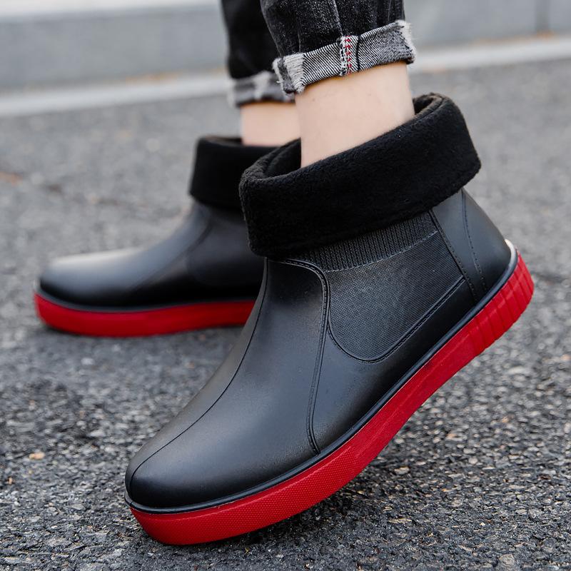 Fashion rain shoes men's short tube adult non-slip water shoes student rain boots fleece thermal rubber shoes work rubber shoes overshoes