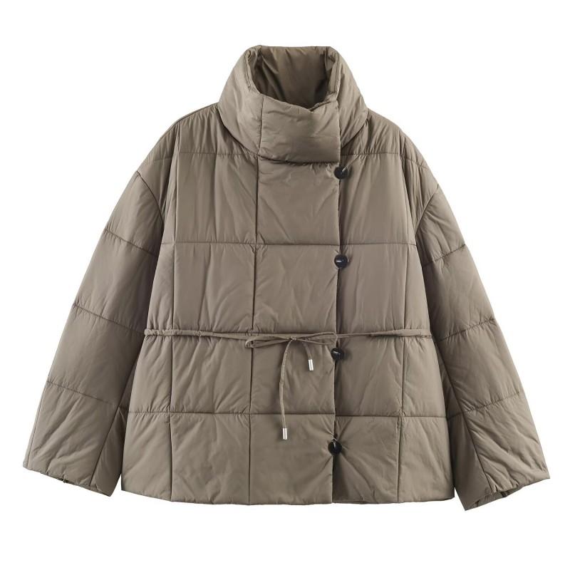 Womens Winter Short Cotton Puffer Jacket With Belt Loose Fit Stand Collar Coat Street Style Casual Wear