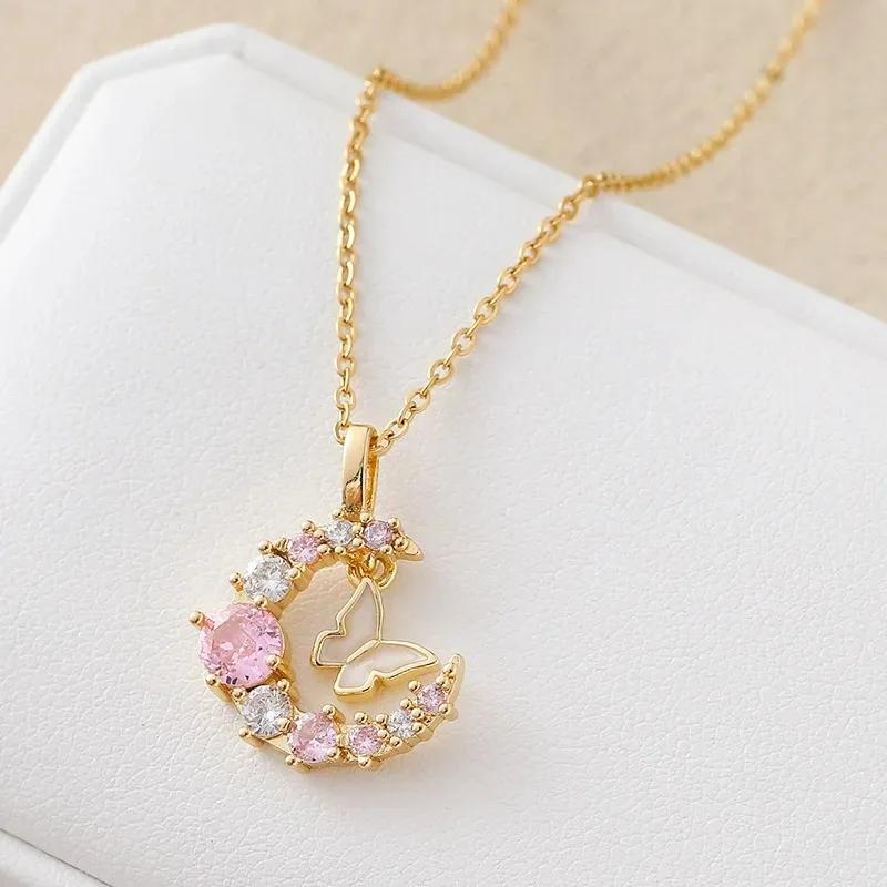 New Korean Fashion Butterfly Moon 2025 Necklace Women's Stainless Steel Cute Collar Chain High End Elegant  Girls Gift