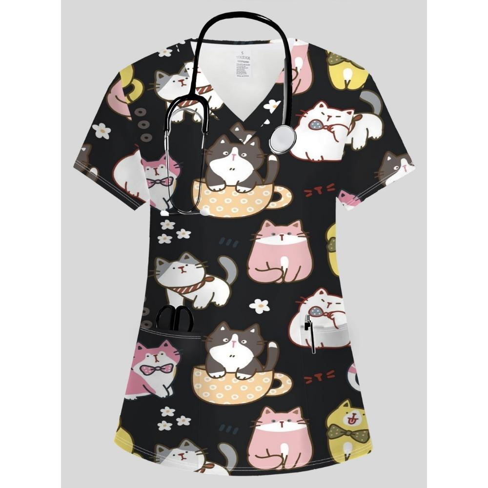 Summer Womens Fashion V-Neck Short Sleeve Uniform Pockets Tops Cute Cat Pattern Print Comfortable Vet Clinical Uniforms Woman