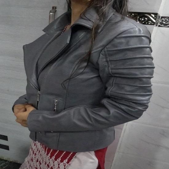 Noora Women's GREY Genuine Lambskin Leather Biker Jacket, Stylish Motorcycle Slim fit Leather Jacket, Clubbing Jacket for Movie Date, Gift Fr Winter