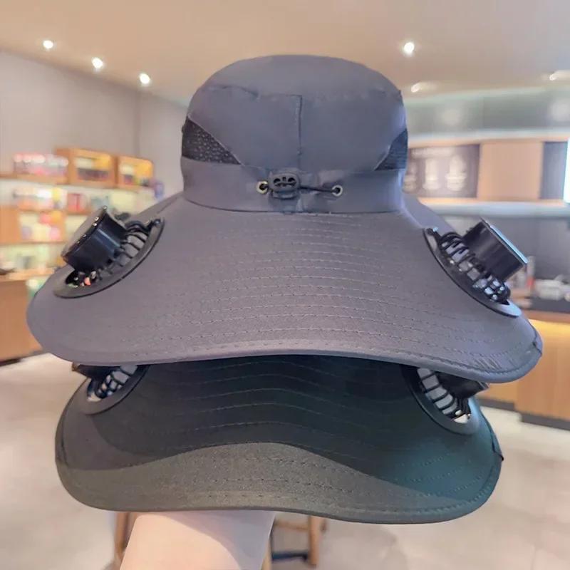 Wide Brim Solar Fisherman Hat Rechargeable Fan Outdoor Sun Hat for Camping Hiking UV Protection Fan Hat Father's Day Gift