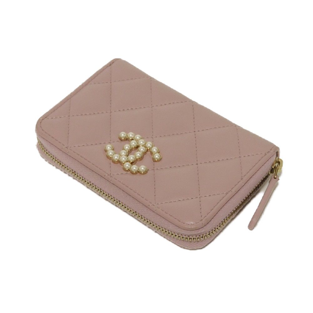 Used 10097 Coco Pearl Zip Coin Purse AP3811 7943 COCO Mark CC Mark Dots Random Matelasse Pink Beige Women's from Japan