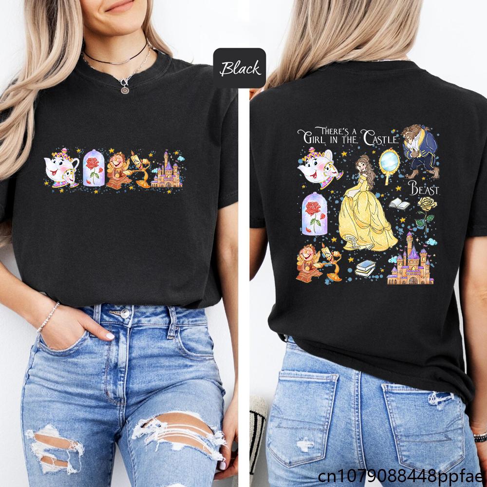 

2025 Дисней Милая Футболка Красавица и Чудовище Летняя Мультяшная Графическая Женская Повседневная Футболка с Круглым Вырезом 100% Чистый Хлопок С Принтом S