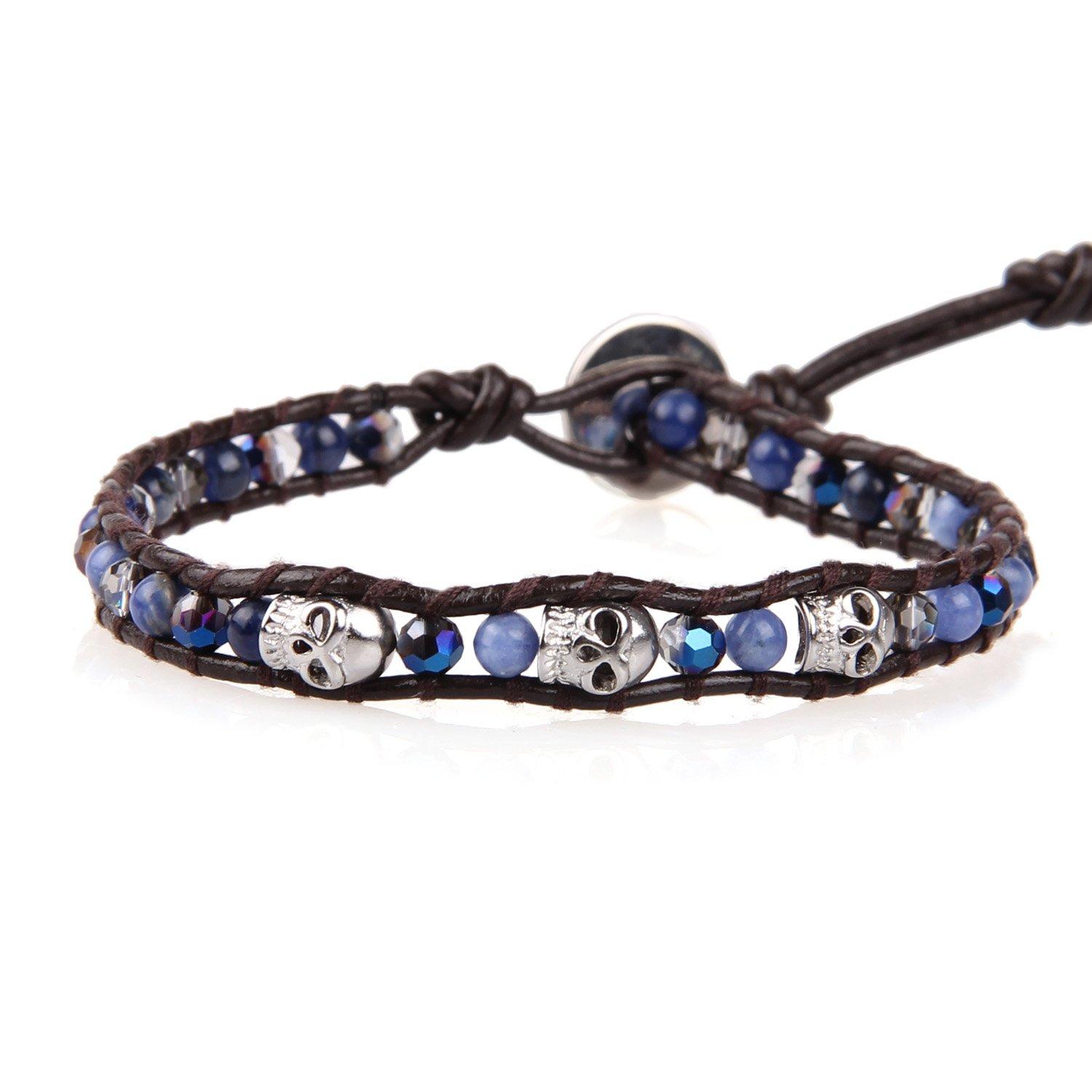 

KELITCH Silver Skull Glamorous Bangle Crystal Charm Wrap Leather Bracelet