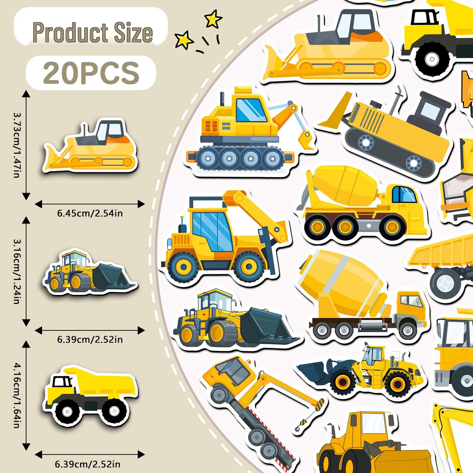 20-Piece Waterproof Construction Vehicle Fridge Magnet Set: Cartoon Excavator & Crane Stickers