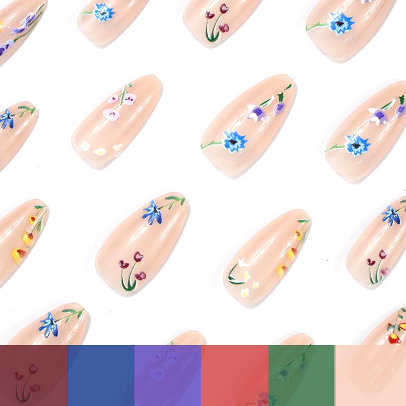 24pcs Almond-Shaped Nail Stickers, With Nude Base And Colorful Floral Pattern Artificial Nails, Nail Supplies, Acrylic Fake Nails Perfect For Ladies