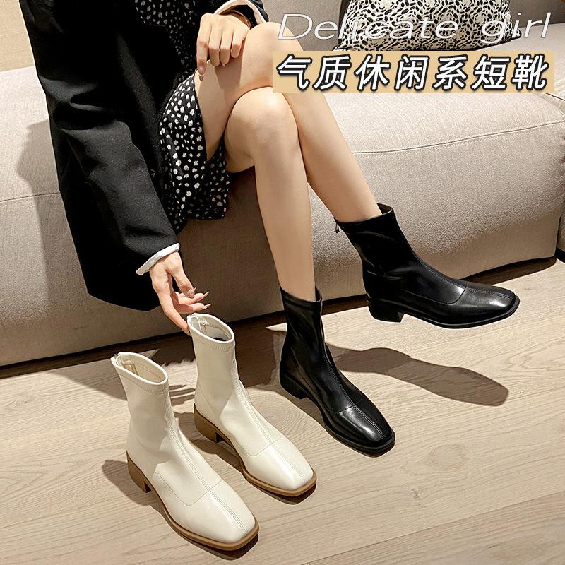 Autumn and winter new ins elastic thin boots thick heel square head rear zipper short boots British short Martin boots women