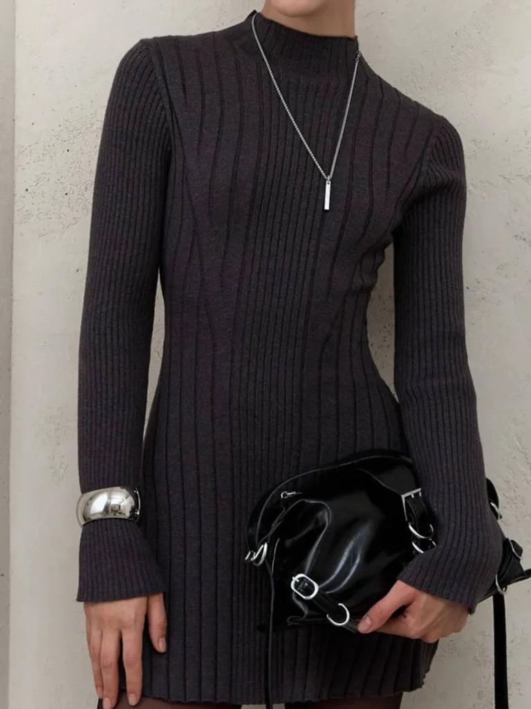 New Long Sleeve Bodycon Knit Dress with High Neck, Solid Color, Elegant