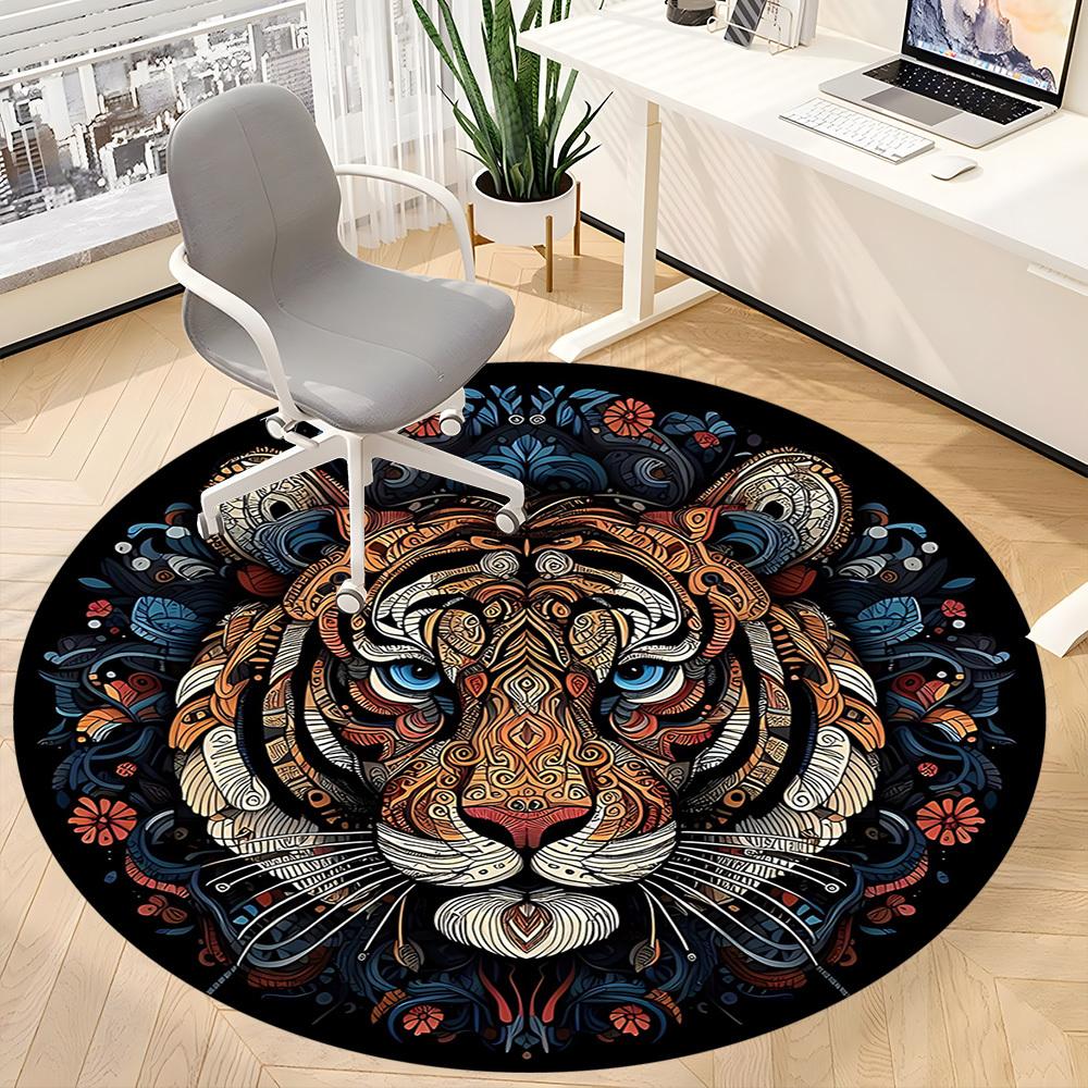 1pc Tiger Mandala Office Round Area Rug, Indoor Mat Suitable For Office, Under Office Chairs Bedroom Living Room Home Decor, Room Deco