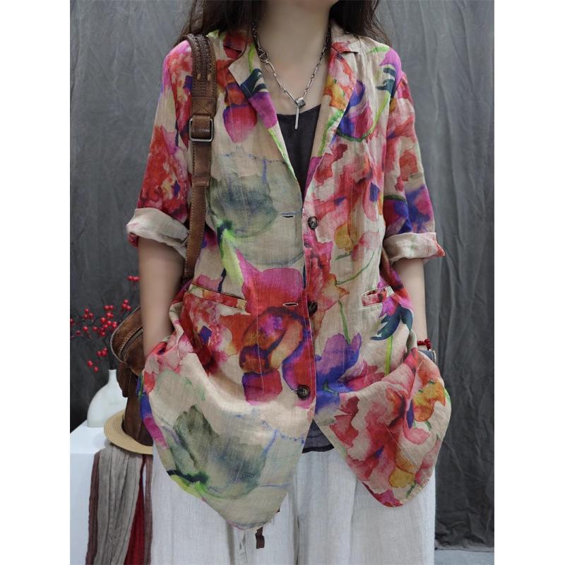 

2026 Summer Women s Printed Retro Cotton-Linen Stylish Versatile Long Sleeve Suit X-Large