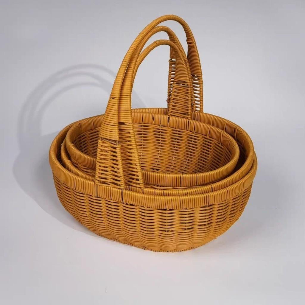 Rattan-Look Iron Frame Handbasket: Plastic Woven Flower, Vegetable, Shopping, Wedding Gift, Outdoor Restaurant Storage Basket.