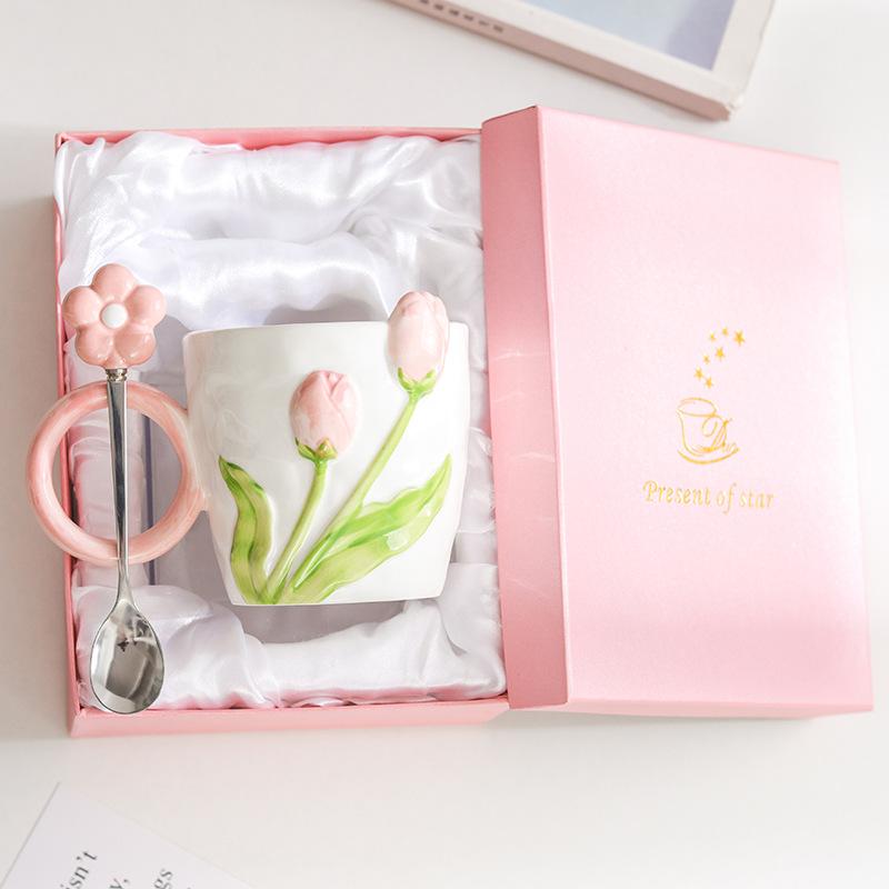 Ins High Value Tulip Mug Niche Design Sense Ceramic Cup for Girls Drinking Water Cup Coffee Cup for Home Use
