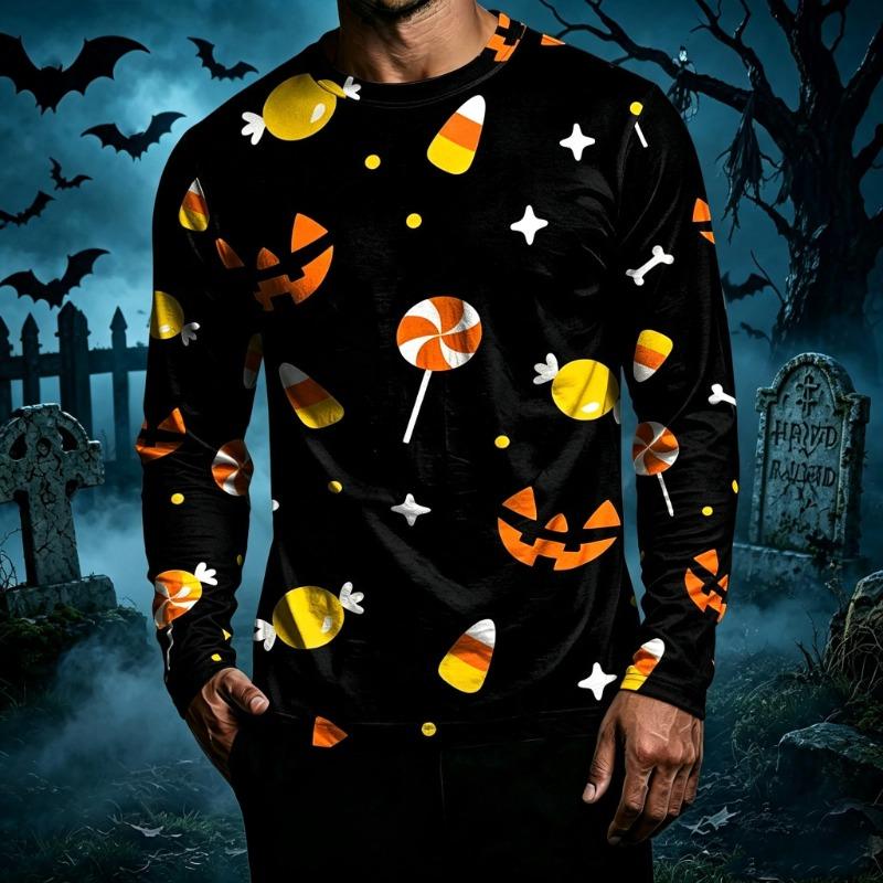 Men Halloween Long Sleeve T‑Shirt Cute Ghost Pumpkin Candy 3D All‑Over Print Crew Neck Casual Party Tees
