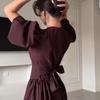 Brown Round Neck Puff Sleeve Midi Dress with Waist Tie