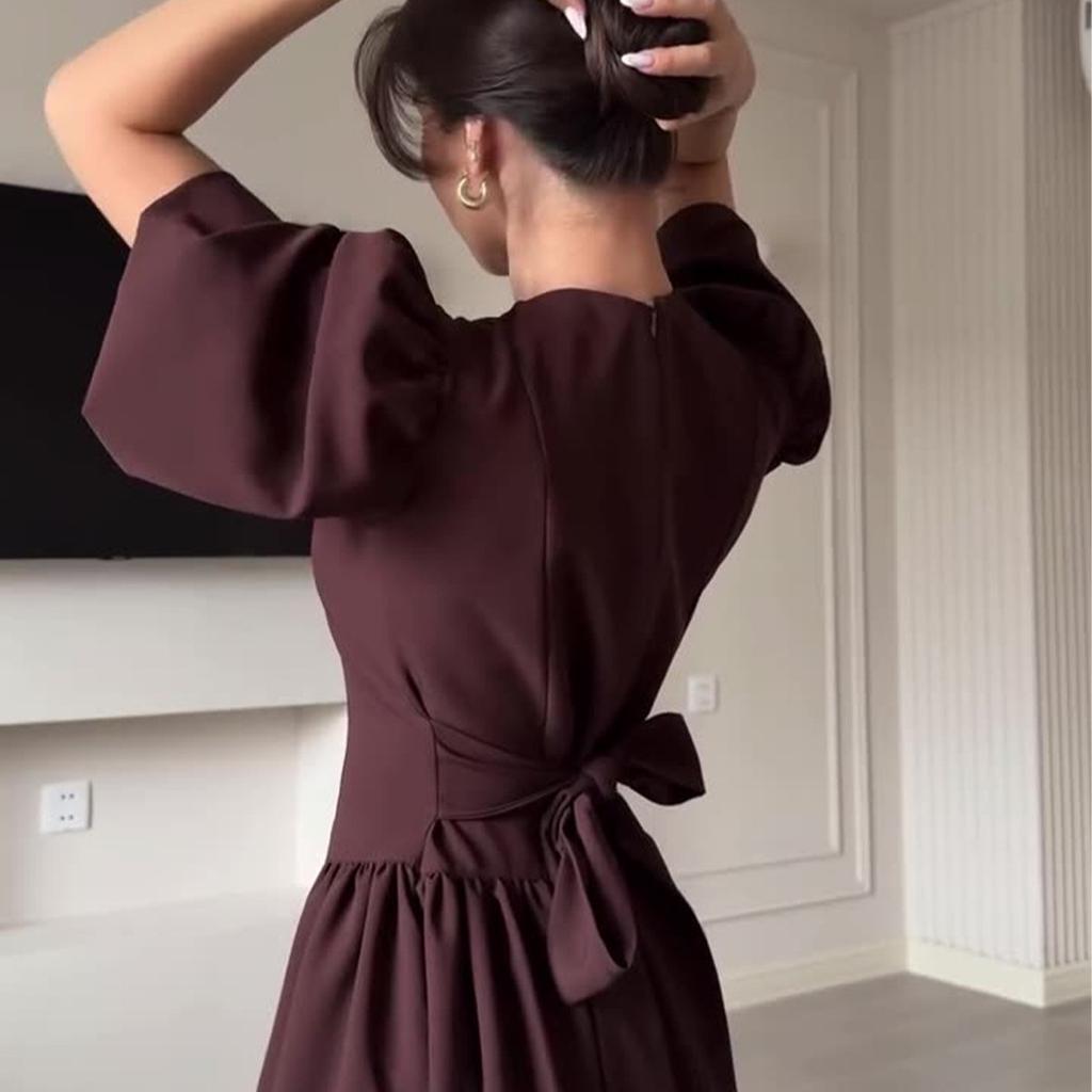 Brown Round Neck Puff Sleeve Midi Dress with Waist Tie