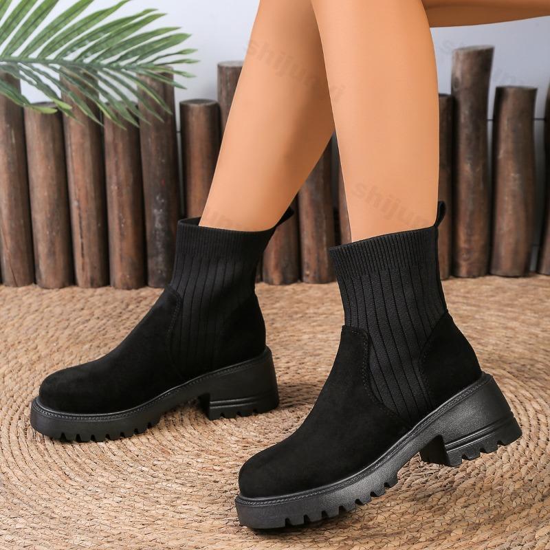 Women's Chelsea Boots 2026 Autumn Winter Fashion Female Mid Heels Thick Soled Shoes Ladies Round Toe Knitted Sexy Ankle Boots
