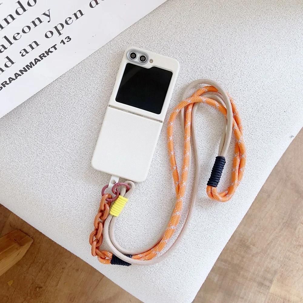 Simple Plain Leather Pattern Crossbody Lanyard Phone Case for Samsung Z Flip 6 5 4 3 Flip6 Flip5 Flip4 Flip3 5G Protective Cover
