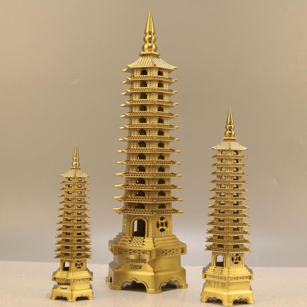 Thirteen-Story Pure Copper Wenchang Pagoda Ornament for Study Desk - Chinese Craftsmanship