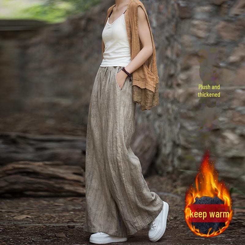 Women's Tie-Dye Cotton & Linen Wide-Leg Trousers with Velvet & Thickened Ramie