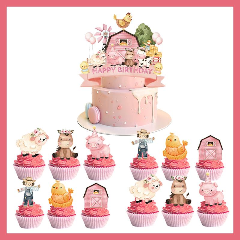 Pink Farm Ranch Animal Birthday Party Cow Banner Balloon Cake Insert Decorative Set