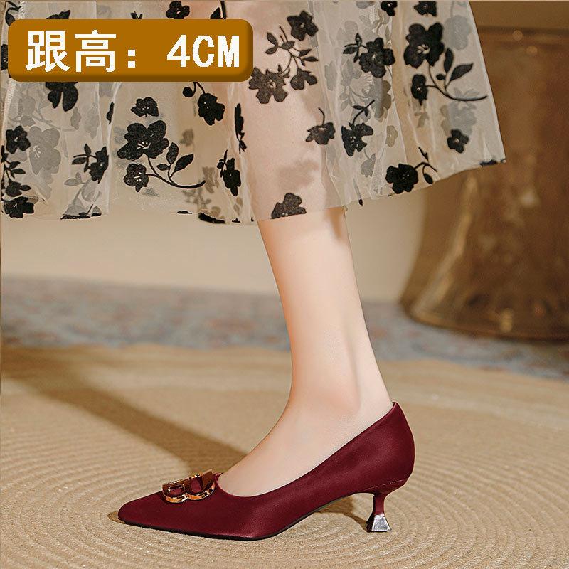 High Heels Women's Thin Heels Sexy 2025 New Spring and Autumn French Small Heels Red Wedding Shoes Middle Heel Pointed Single Shoes